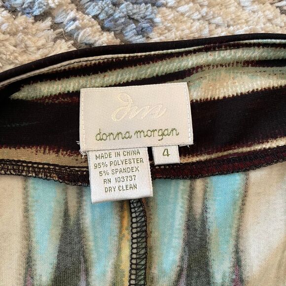 Donna Morgan Retro Print Multicolor Shift Dress Stretch Knit Mod 3/4 Sleeve Sz 4 - Picture 7 of 8